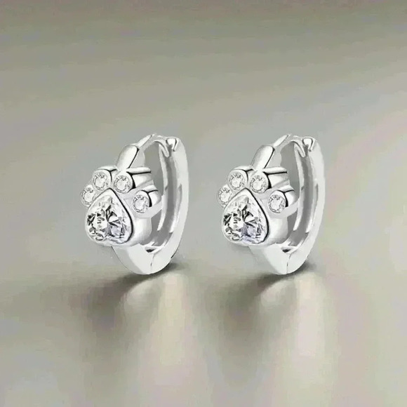 Paw Print Zircon Hoop Earrings in Silver - Picture 1 of 5